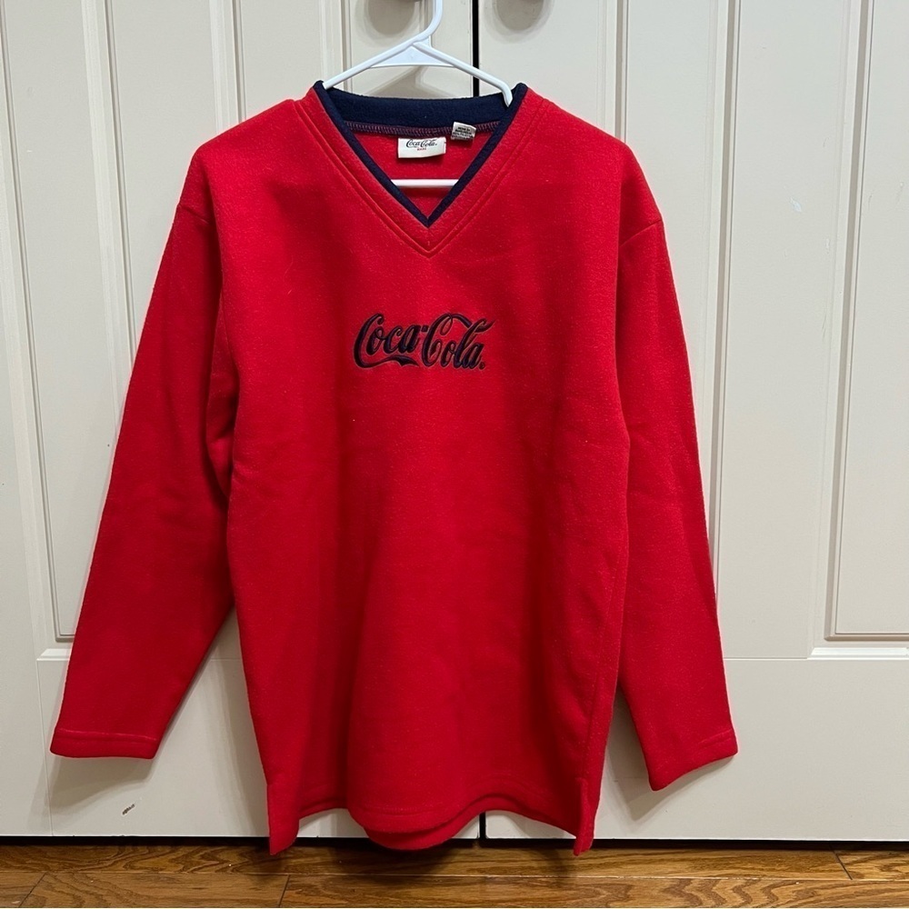 Coca Cola Red V-Neck Fleece Sweatshirt Size Large